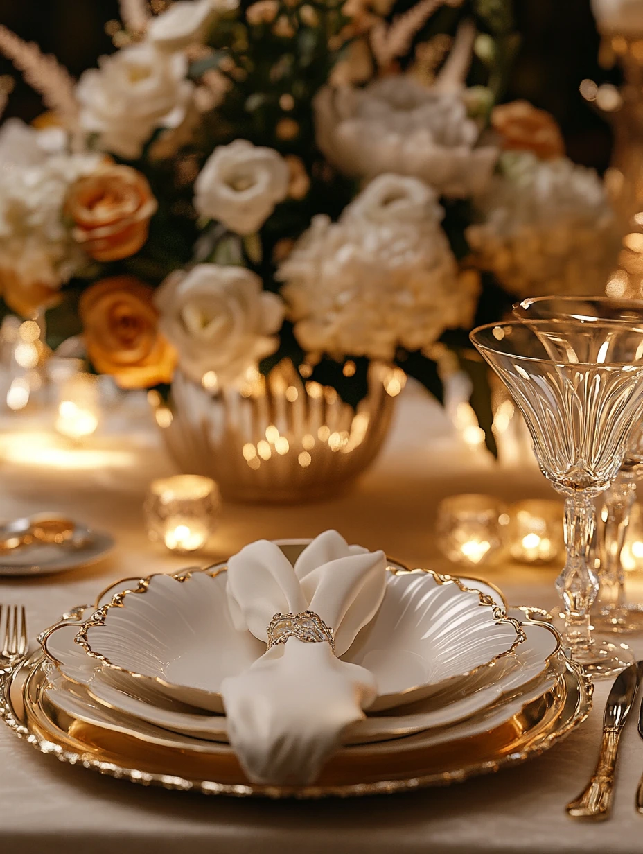 Elegante tavolo da pranzo con porcellane pregiate e dettagli in cristallo