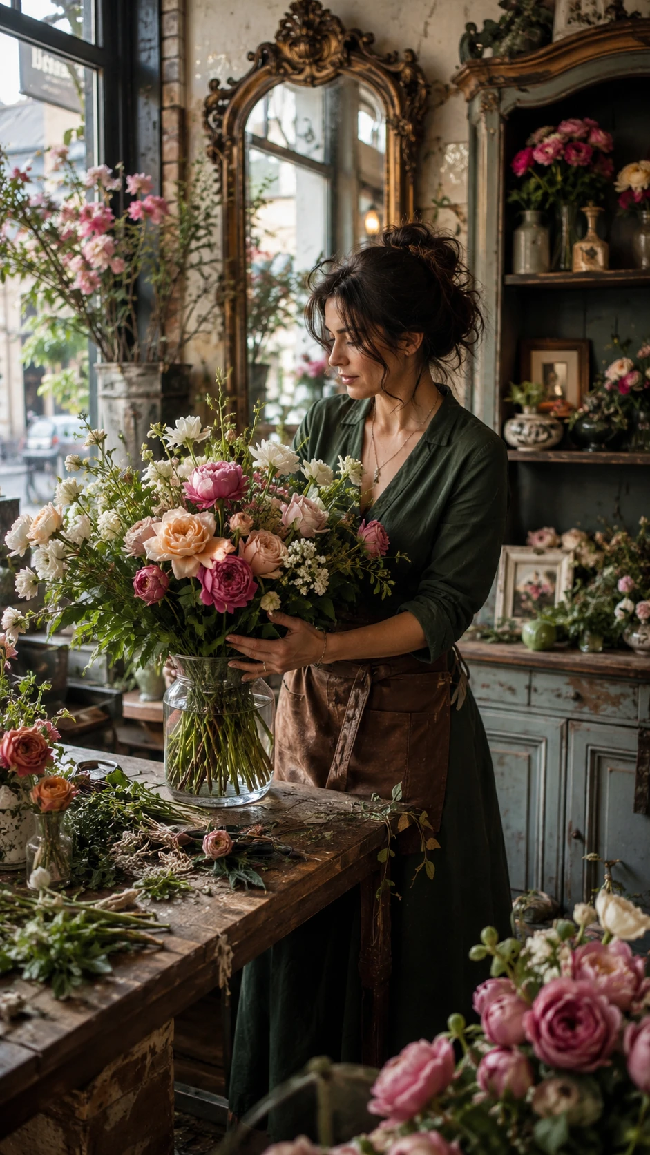 Floristin arrangiert saisonale Blumensträuße in einem Vintage-Blumenladen