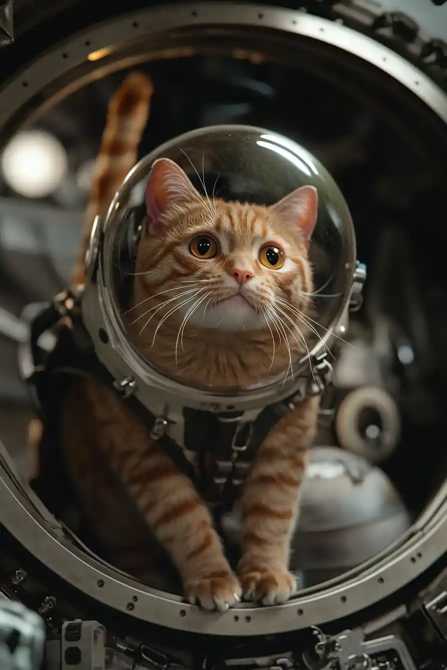 Orange tabby cat in spacesuit floating inside spaceship