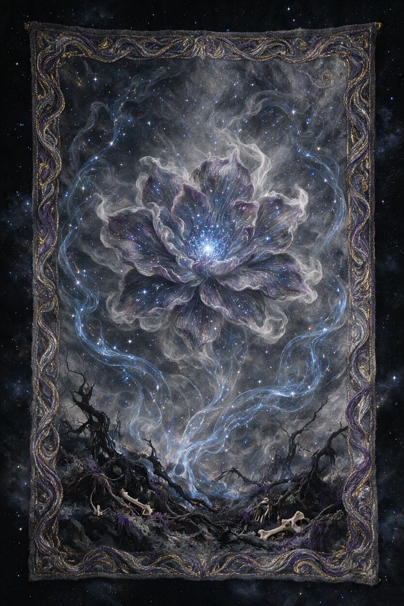 Forma abstrata tecida de fumaça contra um vazio estrelado