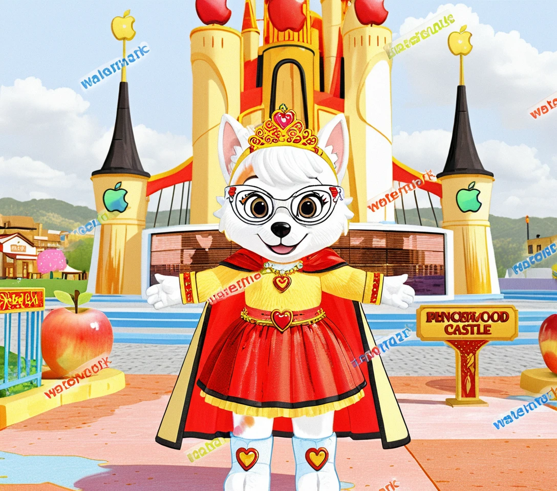 Mascotte chien princesse debout devant un château fantastique