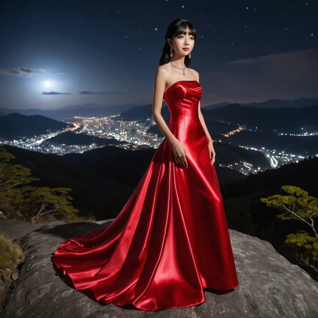 Élégante femme japonaise en robe de satin rouge dans les montagnes nocturnes