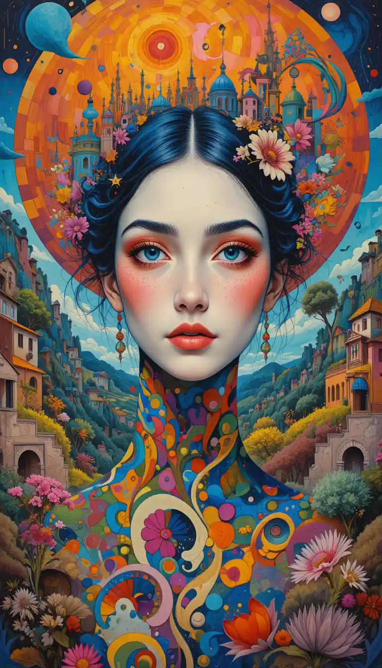 Vibrant woman in a surreal abstract fauvist style landscape
