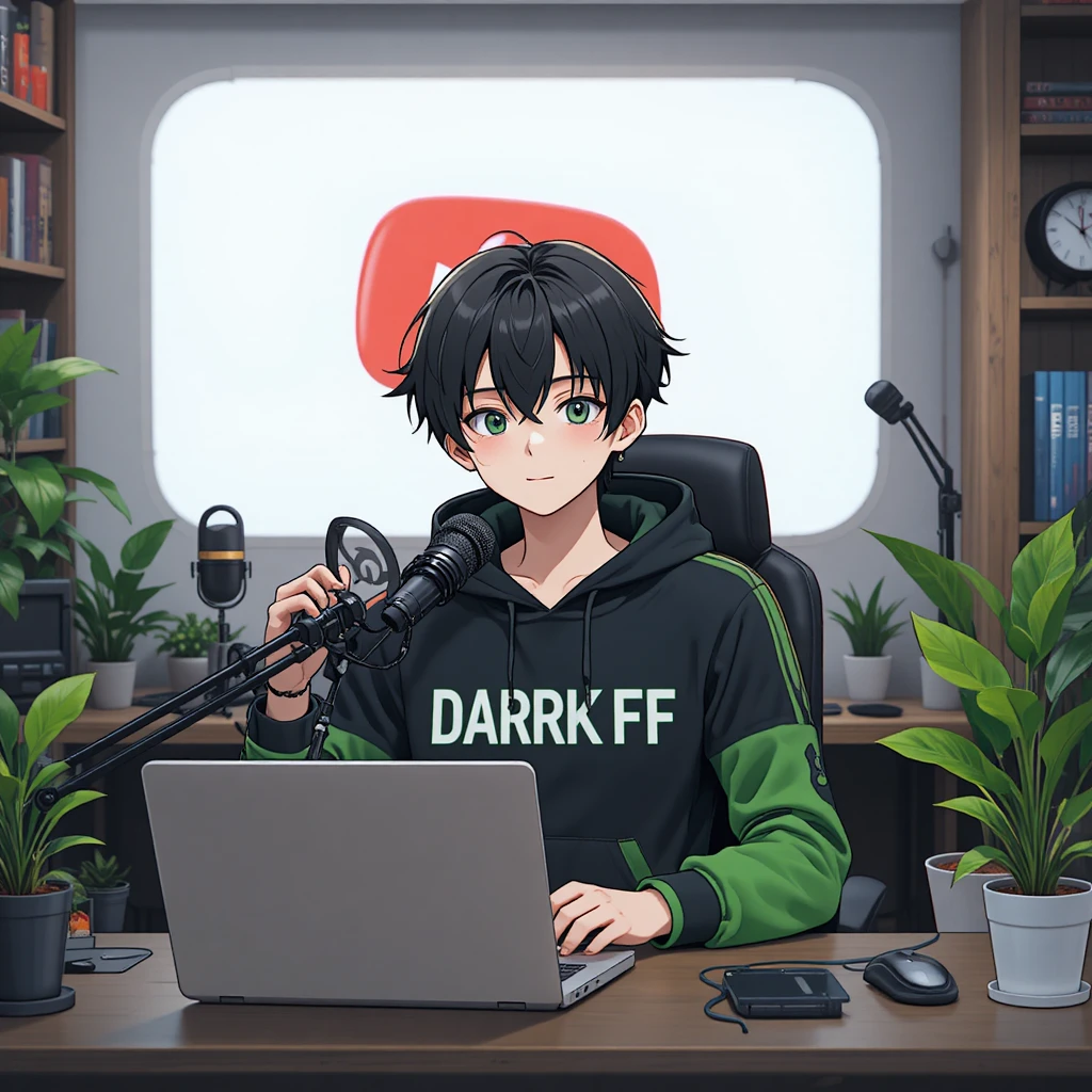Garoto de anime fazendo stream em uma mesa de computador com microfone