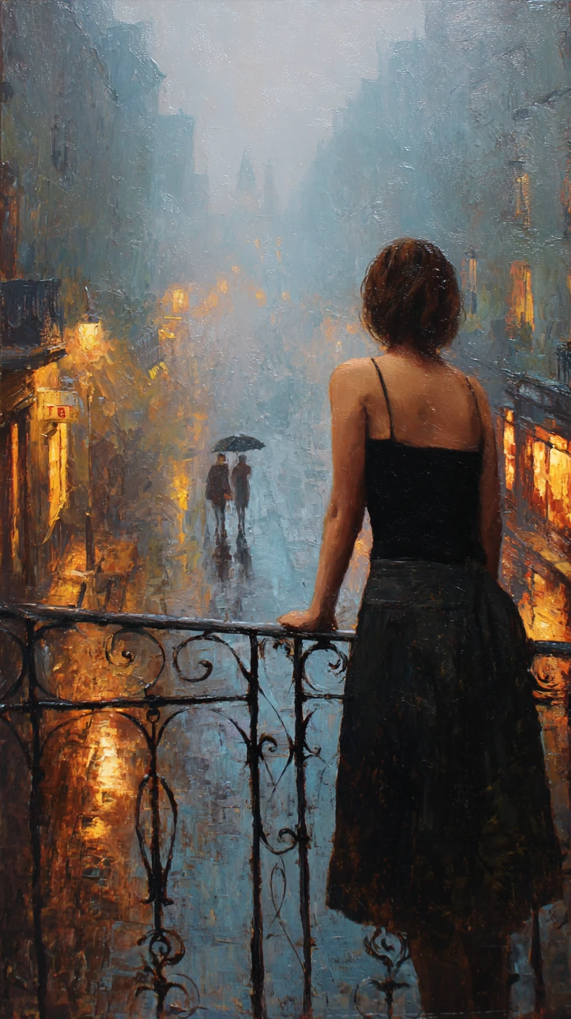 Femme sur un balcon dominant une rue européenne sous la pluie