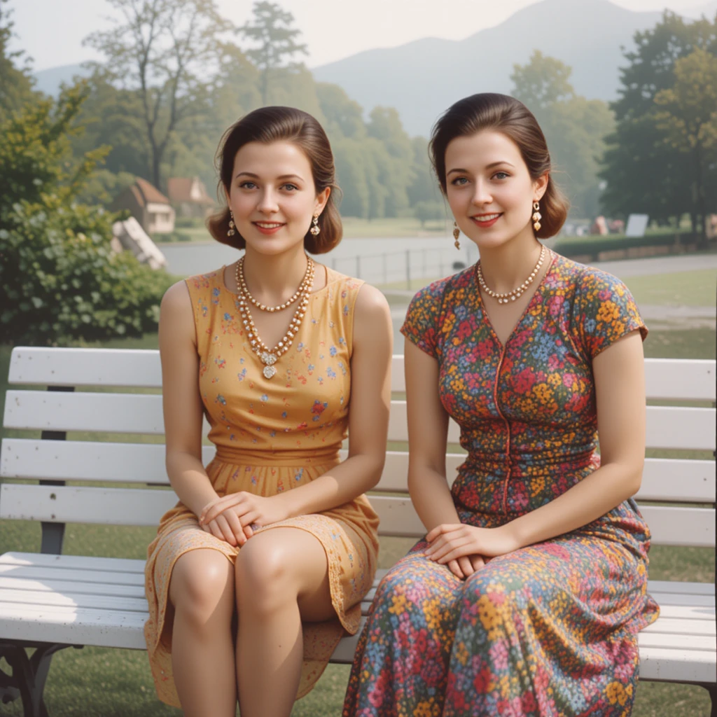 Duas mulheres sorridentes em um banco de parque branco no verão