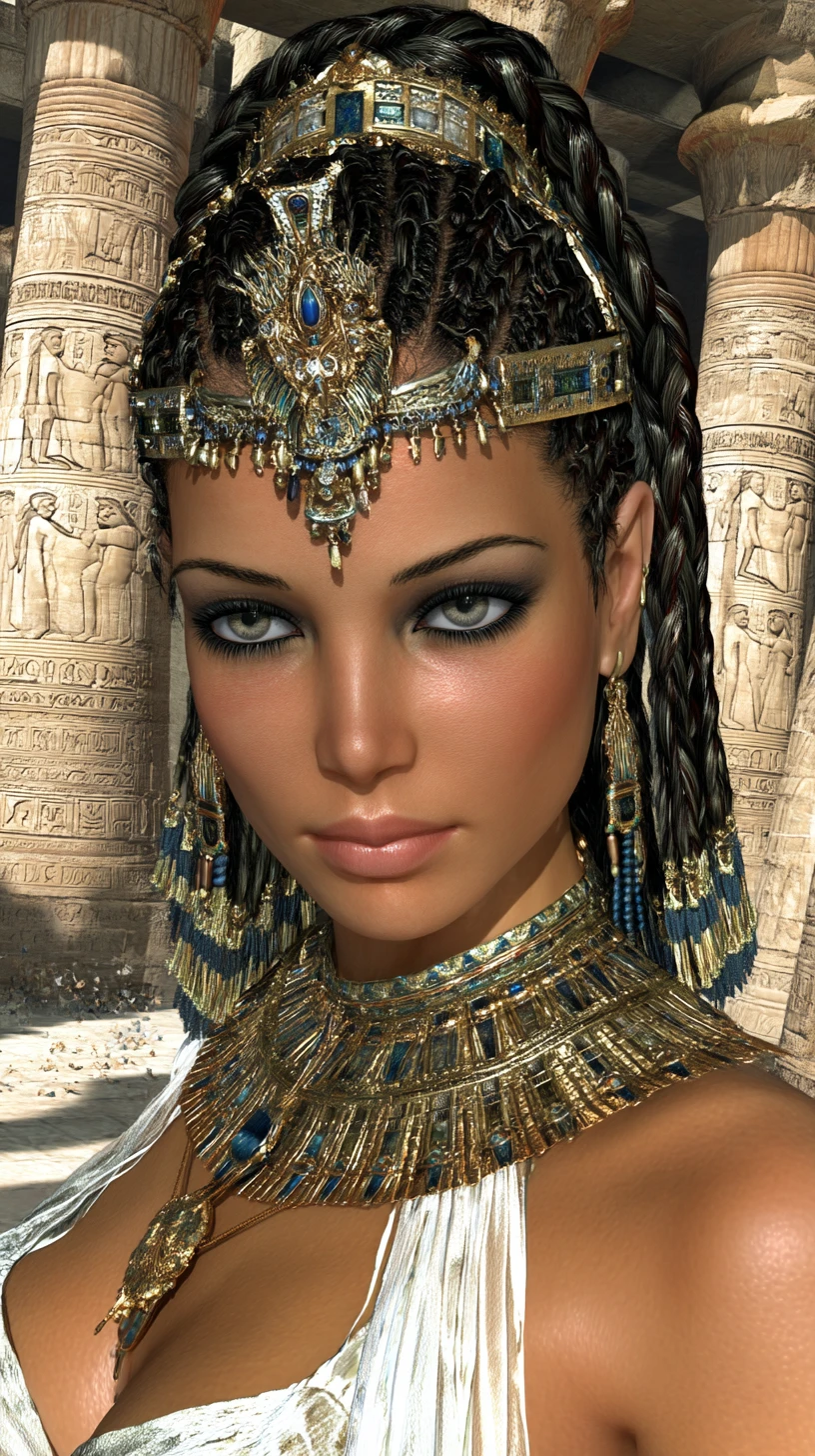 Femme égyptienne antique majestueuse dans la cour ensoleillée d’un temple