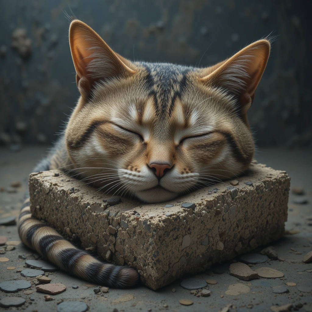 Gatto quadrato surreale che riposa in un sonno profondo e tranquillo