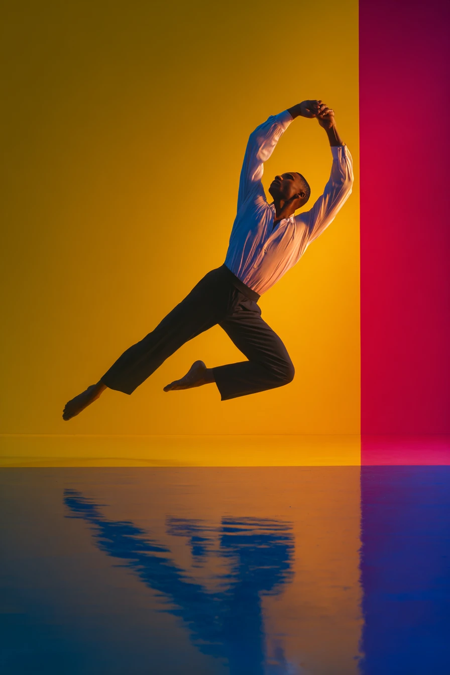 Male dancer leaping in a deep backbend against bold colors