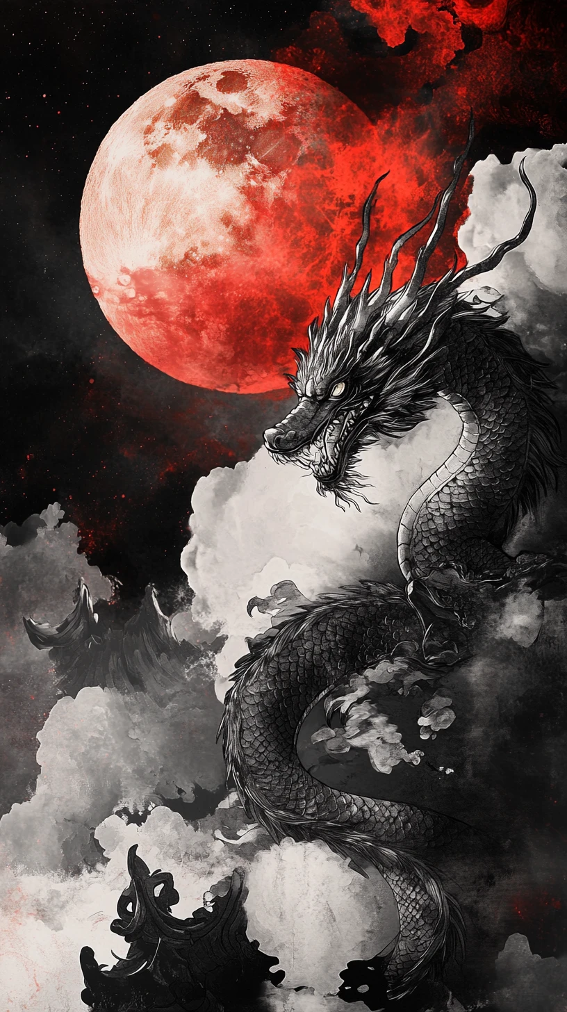 Dragon asiatique ondoyant dans un ciel nocturne nuageux baigné de clair de lune