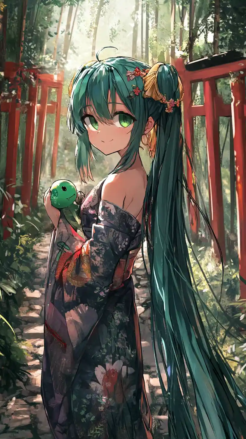 Ragazza anime con corno di drago in un santuario nella foresta di bambù