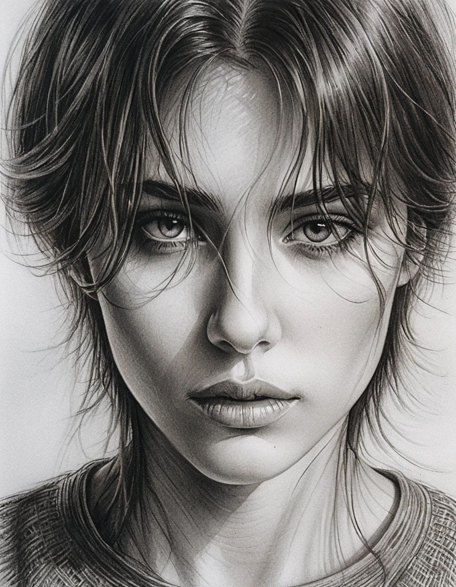 Melancholic pencil portrait with dramatic chiaroscuro shadows