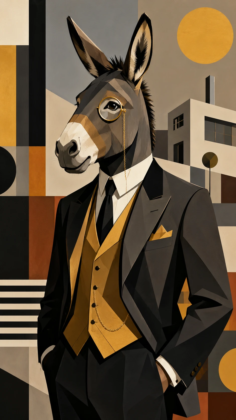 Eleganter anthropomorpher Esel im maßgeschneiderten Anzug mit Monokel