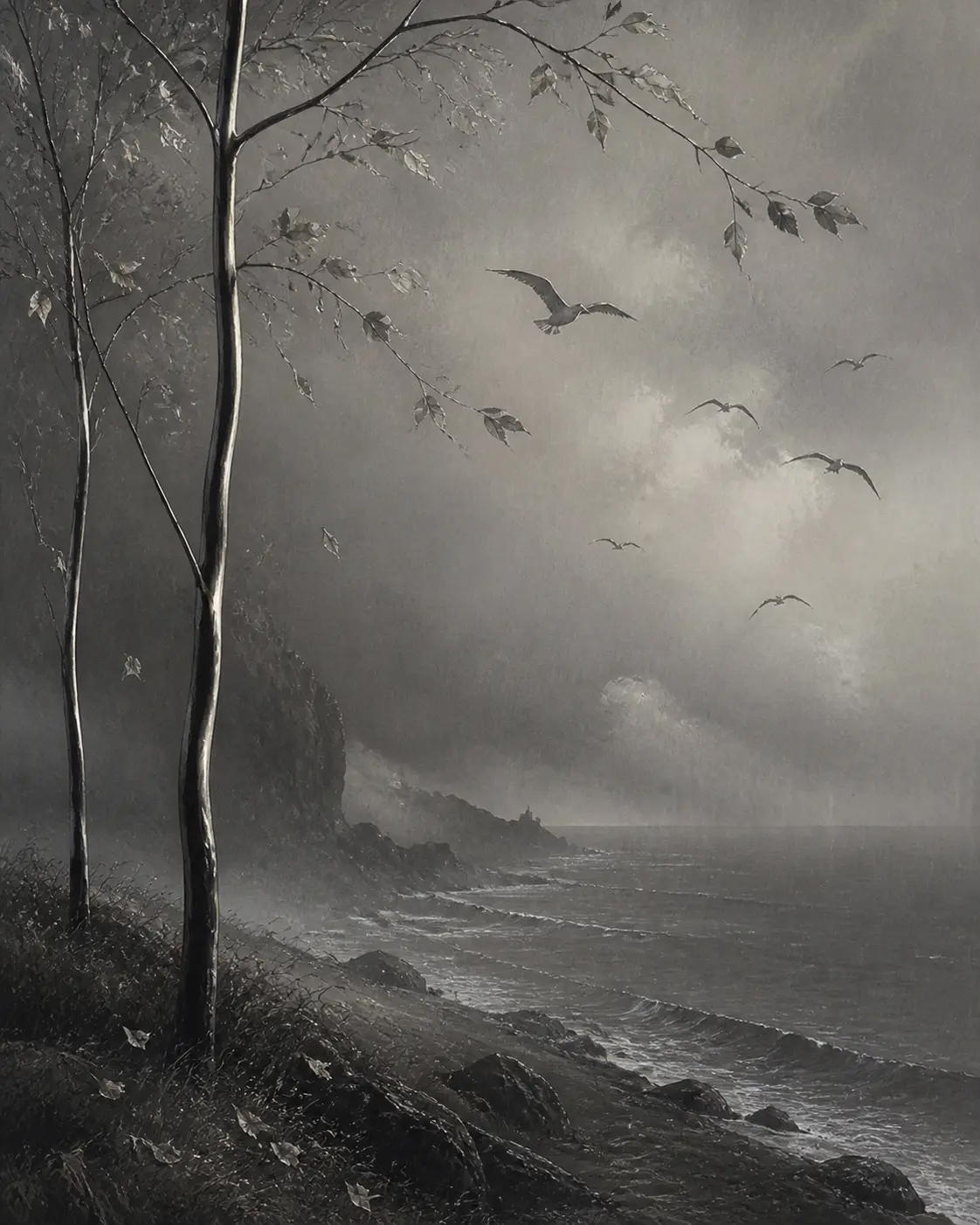 Serene chalk seascape with steel trees and falling leaves