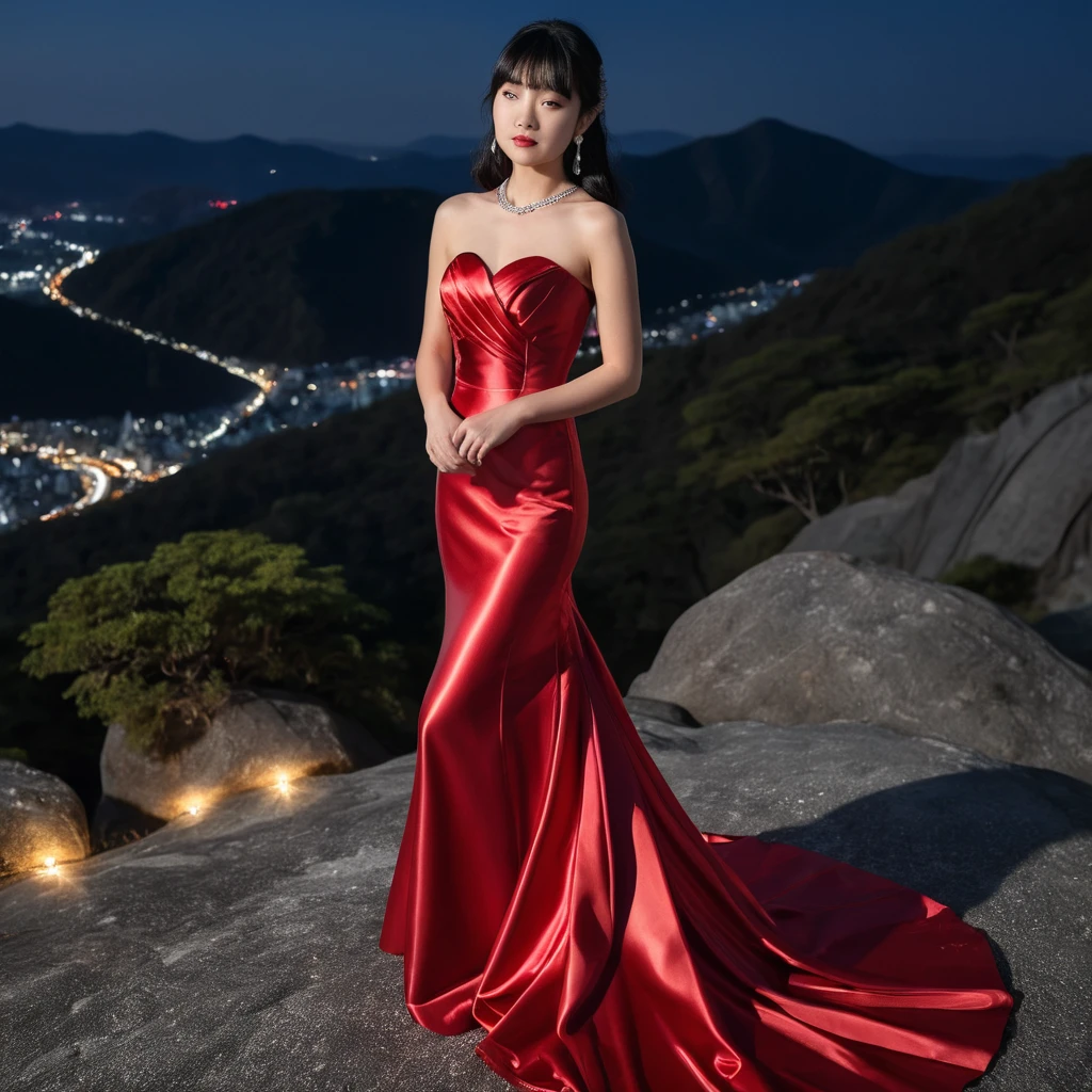 Jovem mulher em vestido de cetim vermelho na noite na montanha