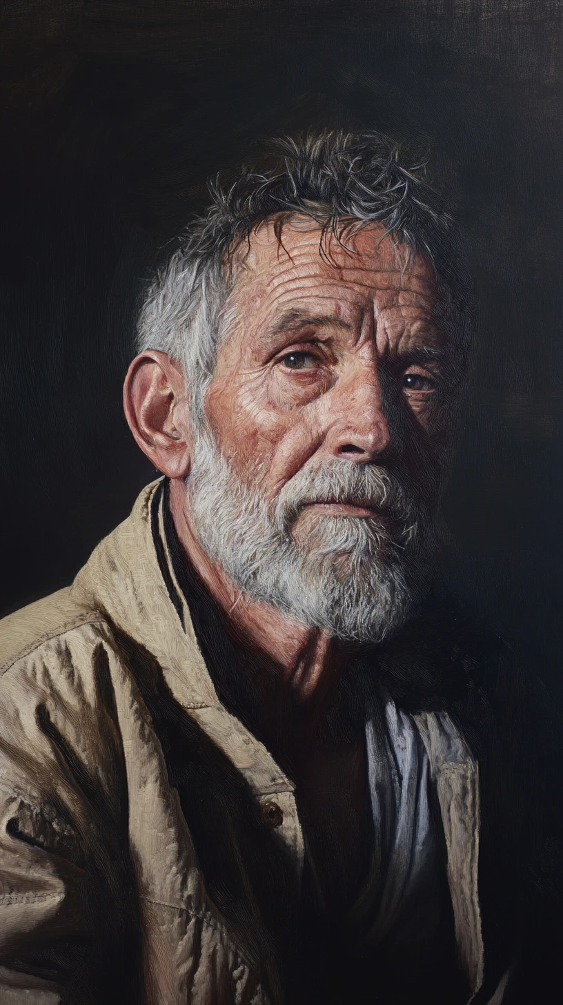 Velho cansado com cigarro em retrato pintado dramático