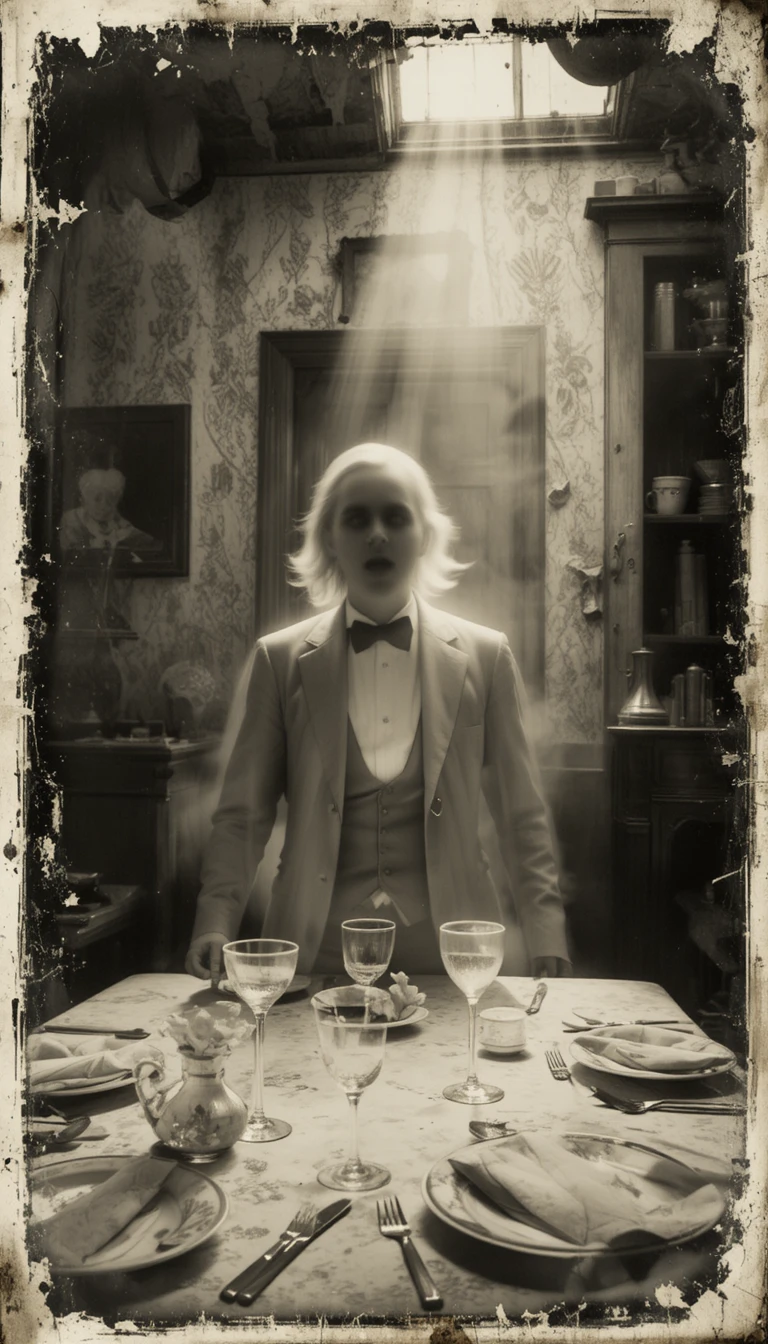 Homme fantomatique à une table de salle à manger victorienne en décomposition