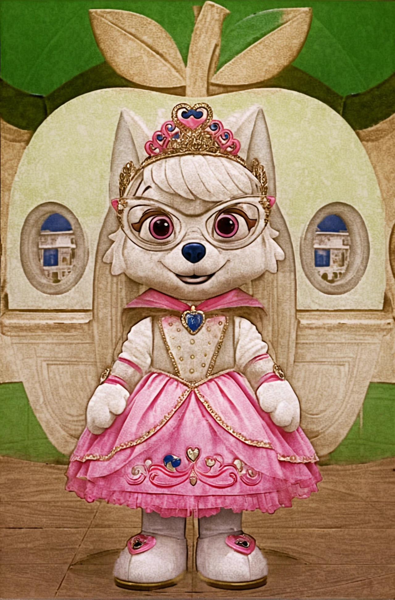 Mascote princesa cachorra em pé no interior de um castelo da cidade