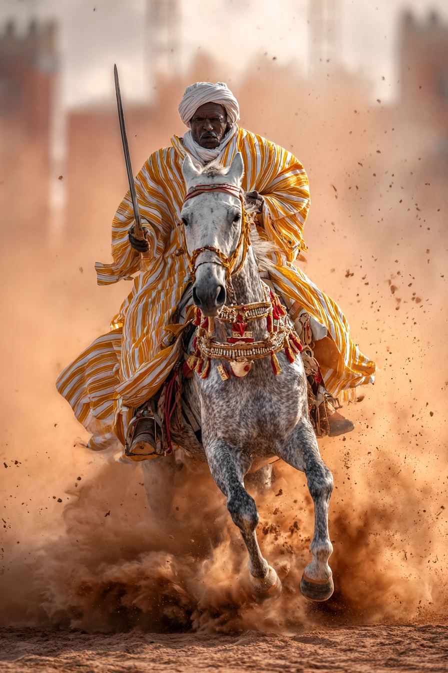 Cavaliere marocchino all’assalto nella polvere con la spada alzata