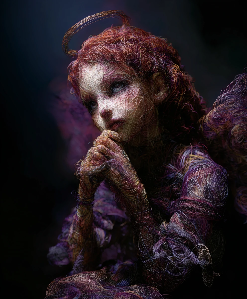 Donna angelica surreale tessuta con fili luminosi impossibili