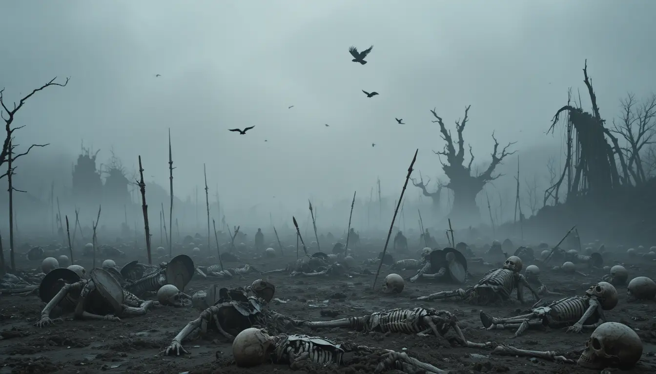 Foggy battlefield wasteland with rising undead warriors