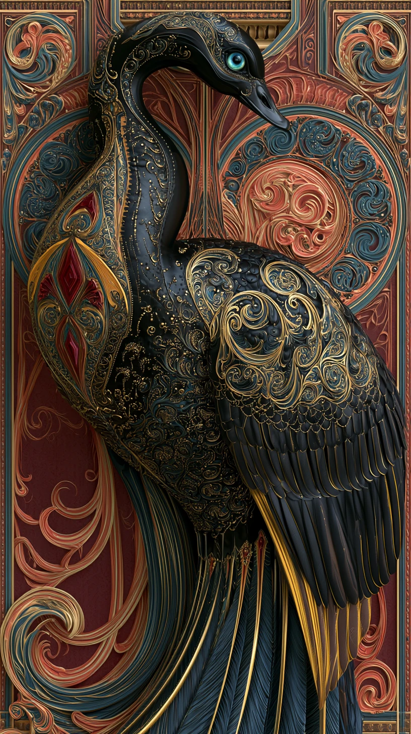 Cygne noir en somptueux style art nouveau doré 3D