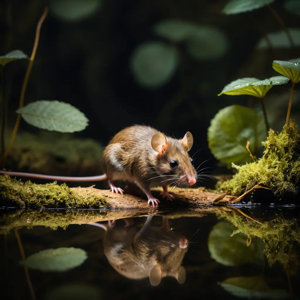 Winzige wilde Maus, die sich in einem stillen Waldteich spiegelt