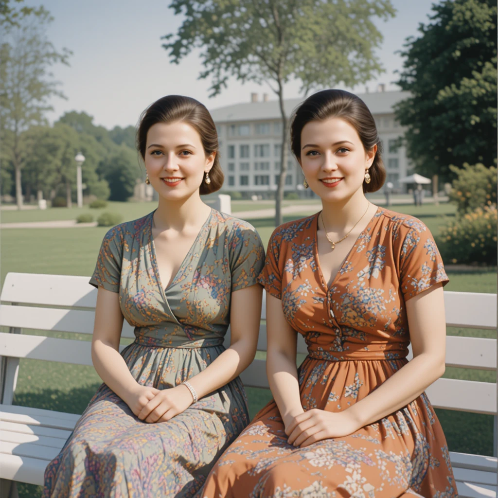 Deux femmes sur un banc de parc blanc en mode d’été des années 1960