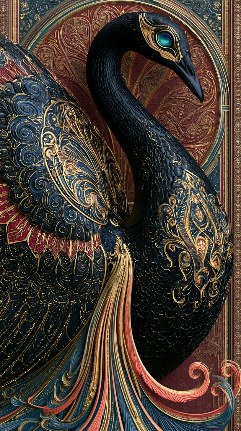 Cygne noir en portrait 3D inspiré de l’art nouveau ornemental