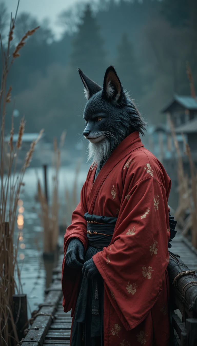 Kitsune maschile in vesti rosse e nere su un tranquillo molo da pesca