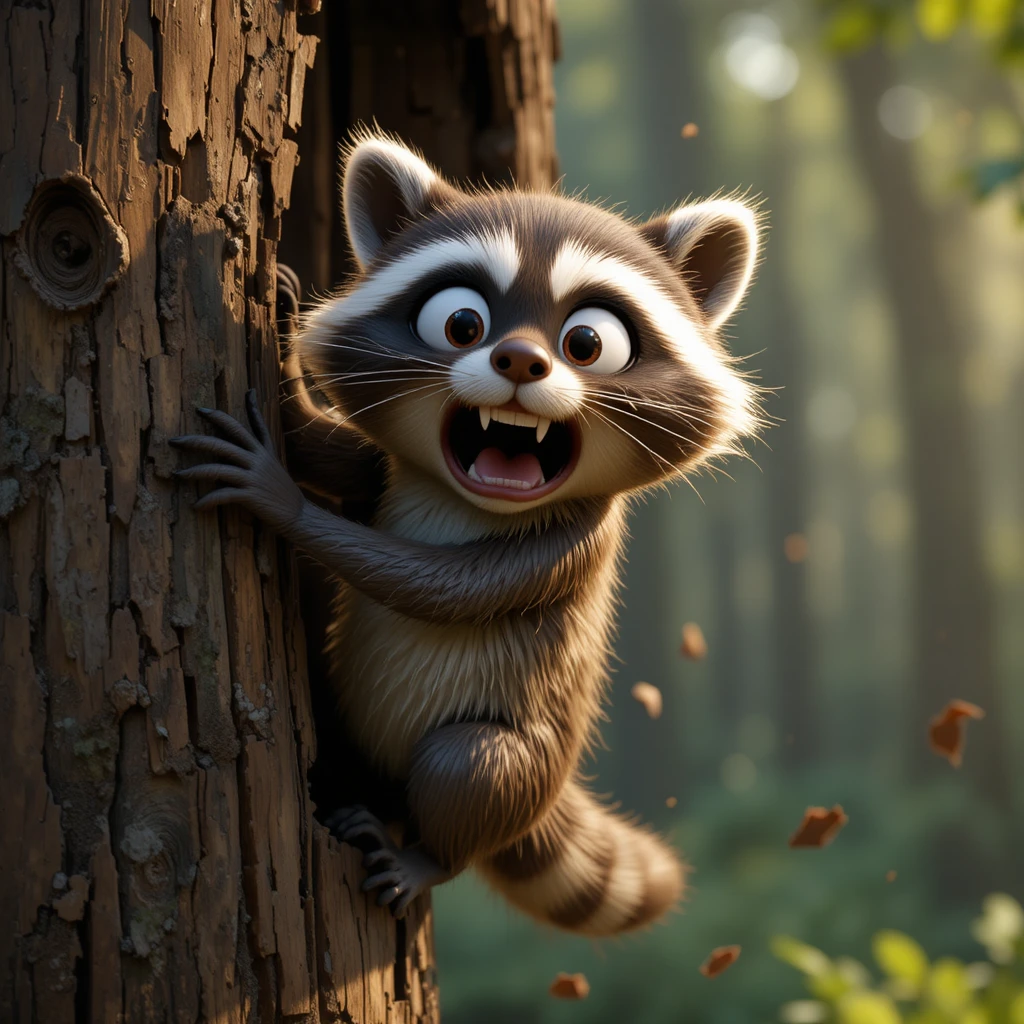Terrified raccoon clings to tree above a determined beaver