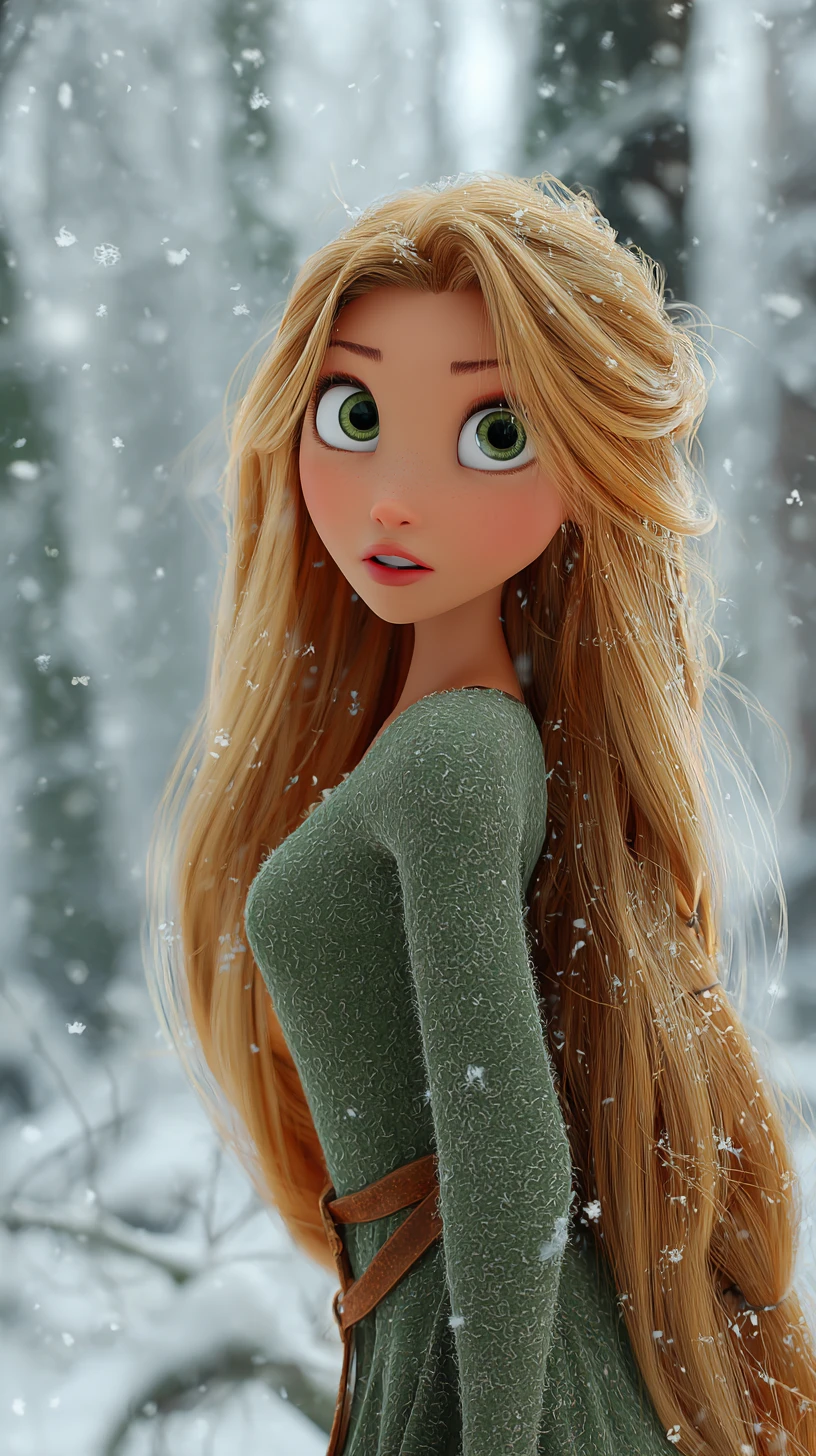 雪森林中擁有金色長髮的優雅女子