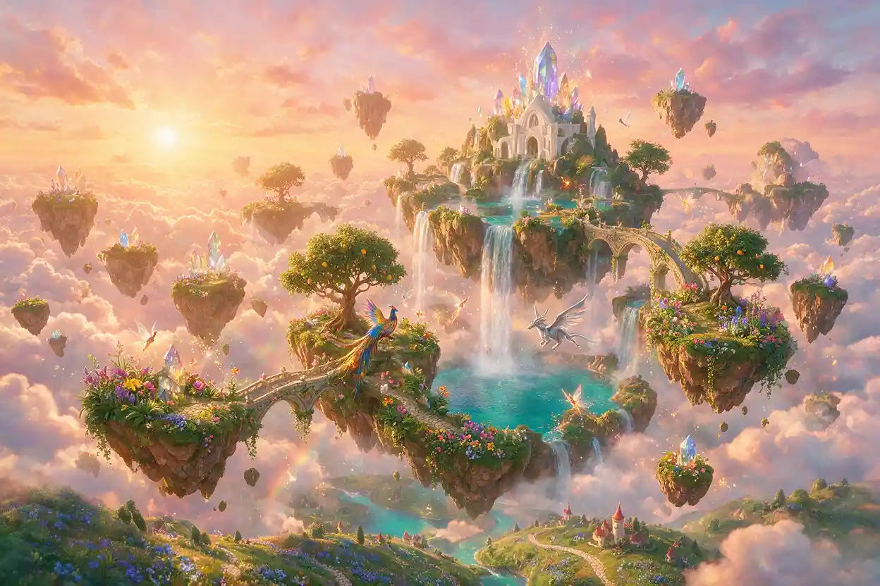 Bunte schwebende Inseln mit Wasserfällen in einem fantastischen Himmel