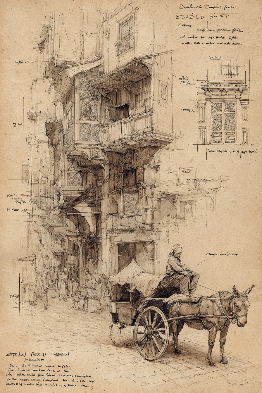 Rue du vieux Caire avec charrette à âne en esquisse architecturale