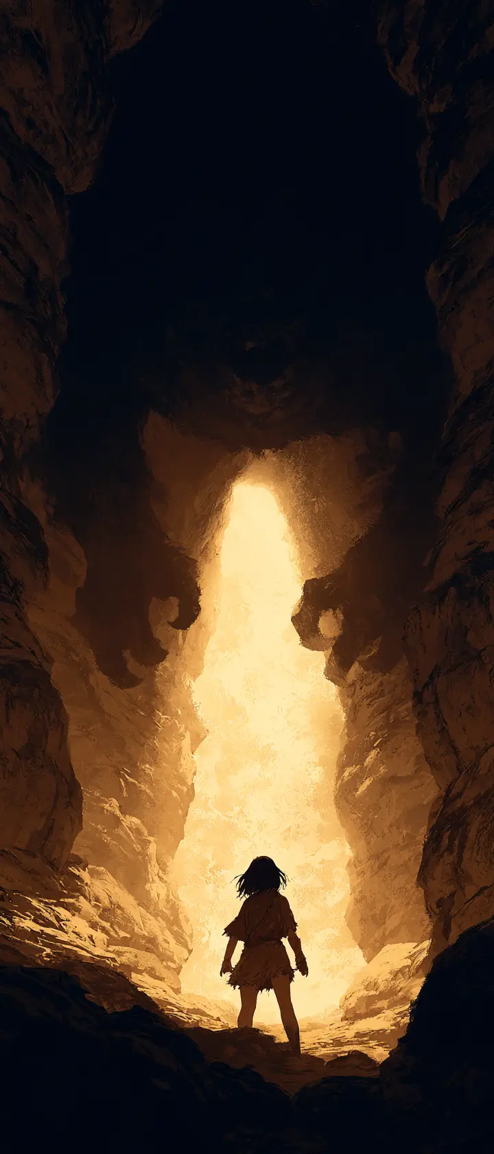 Heroína de anime enfrentando uma colossal besta das sombras na caverna