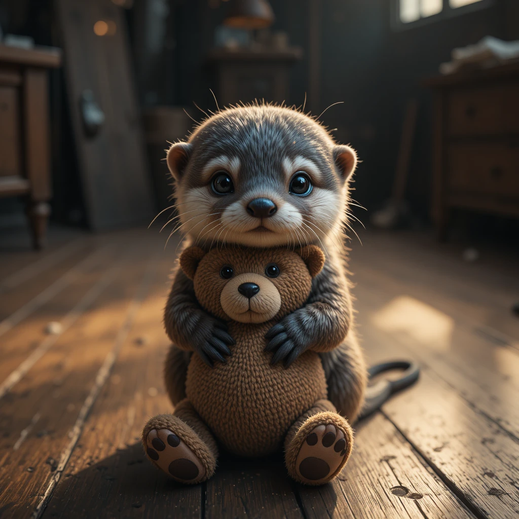 Baby-Otter, der einen Teddybär auf einem warmen Holzboden umarmt