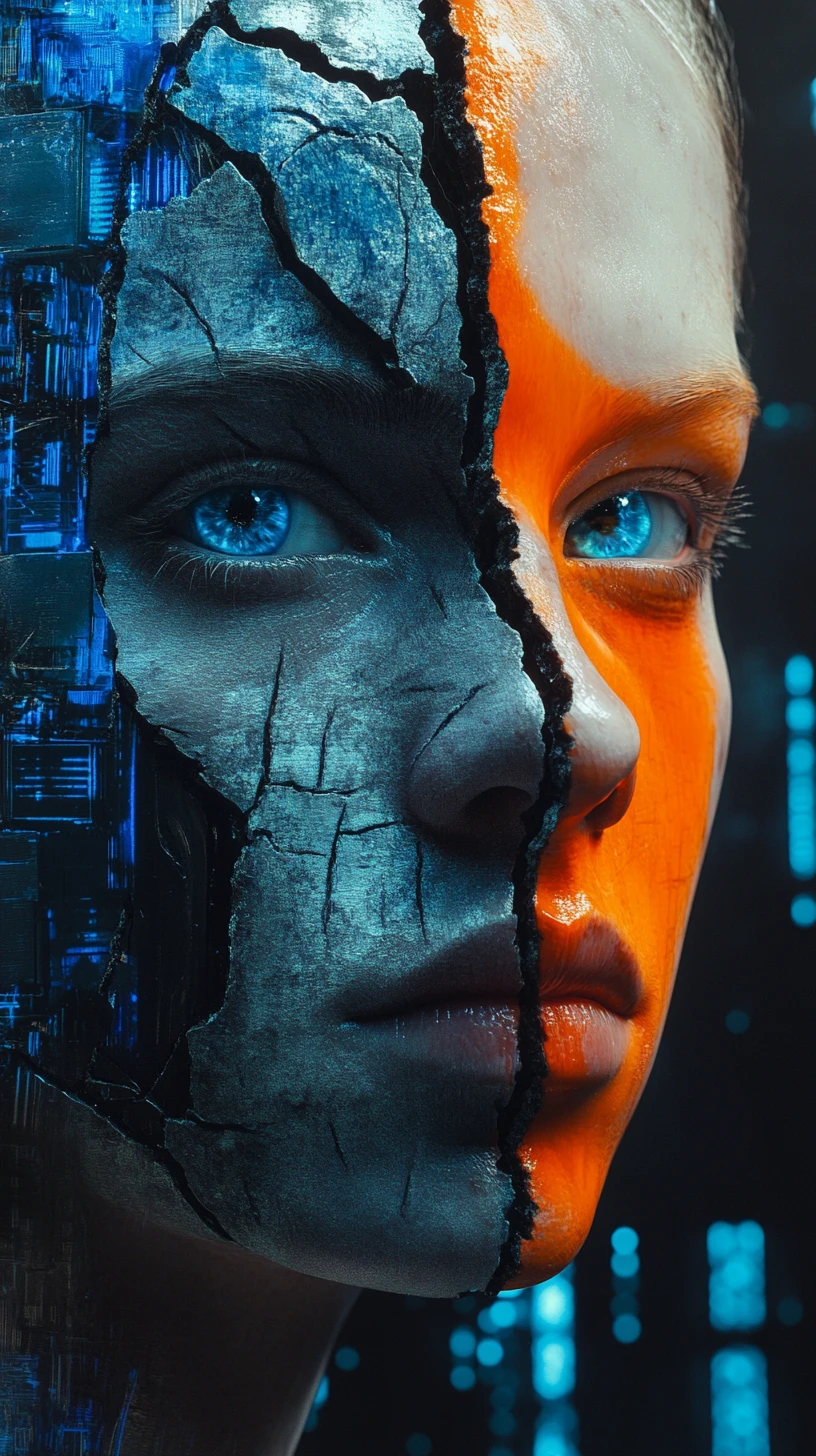 霓虹數位城市中的碎裂藍橘色面孔
