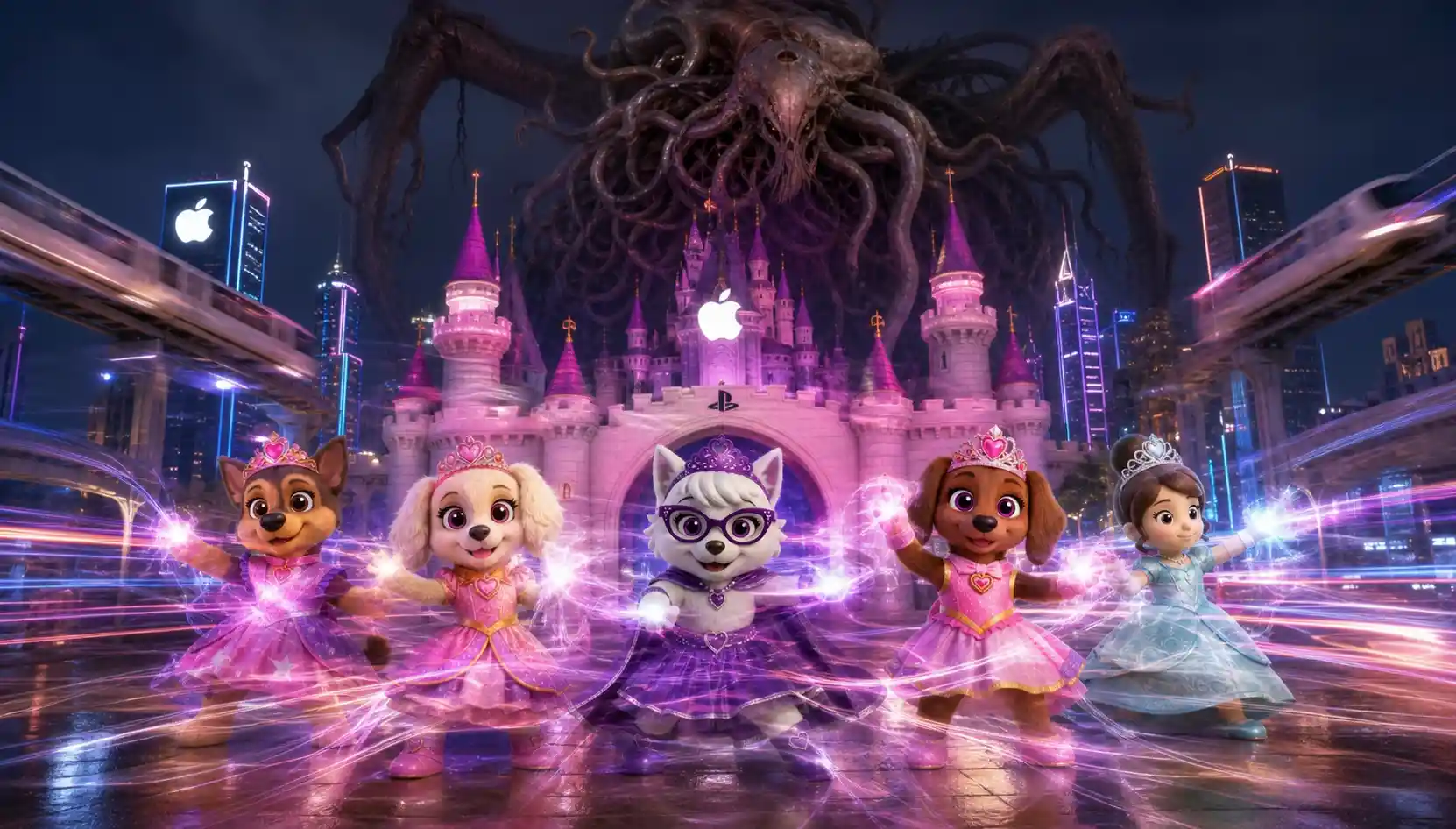 Fantasy princess mascots protecting a towering city castle