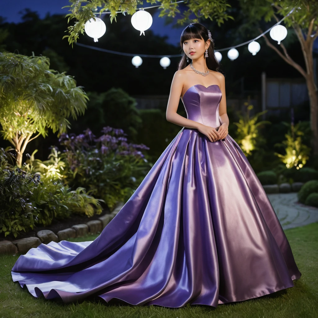 Elegante garota japonesa com vestido de cetim roxo à noite