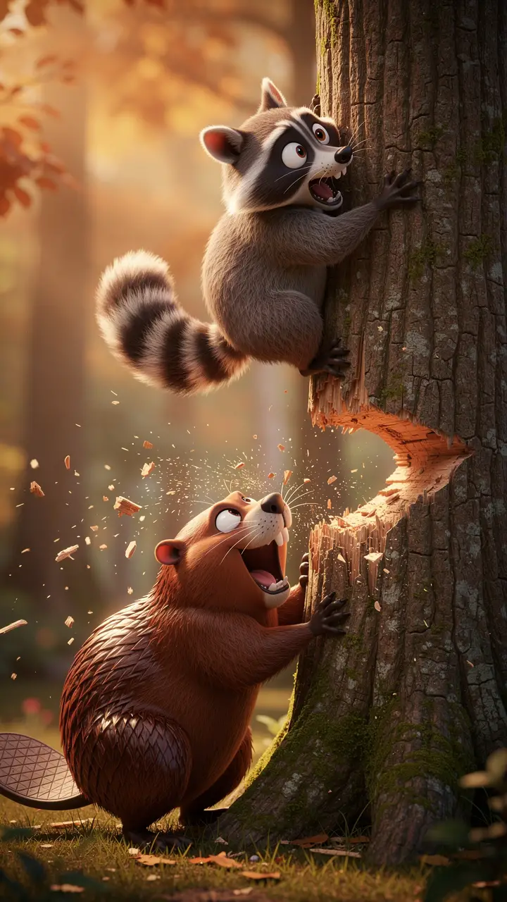 Frightened raccoon hugs a tree as beaver chews below