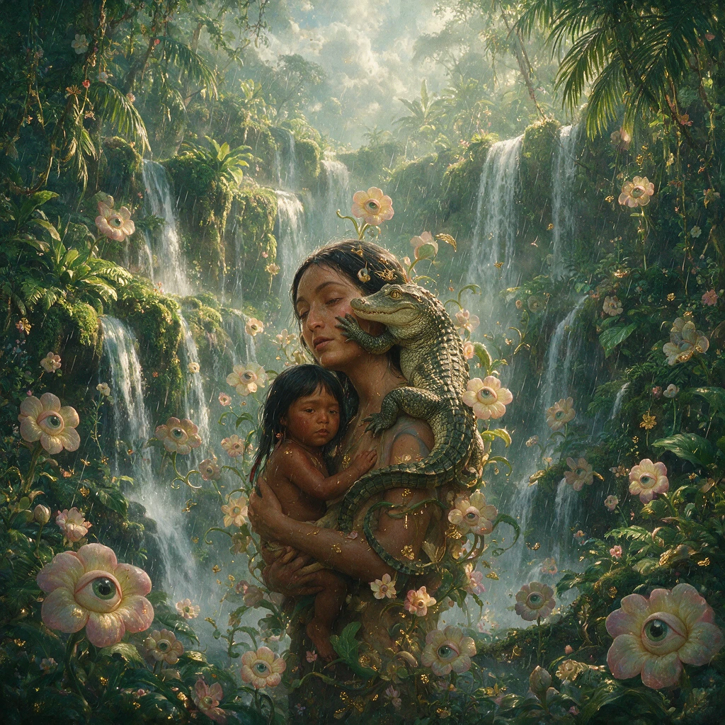 Portrait surréaliste d’une jeune fille native dans une cascade de fleurs