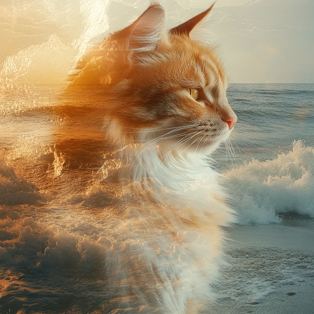 ジンジャー猫と夕焼けビーチの二重露光アート
