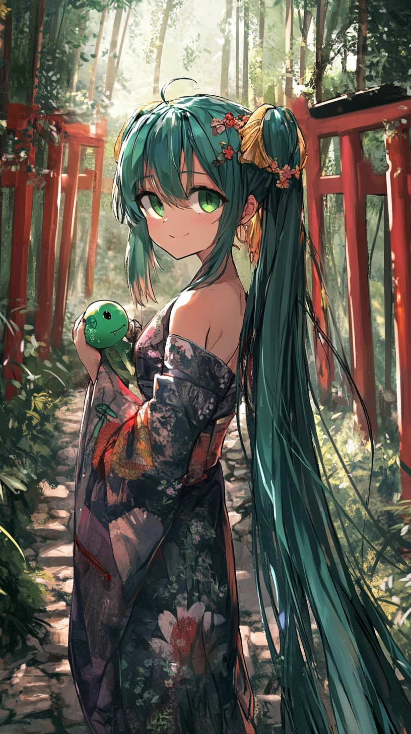 竹林神社中的龍角動漫少女