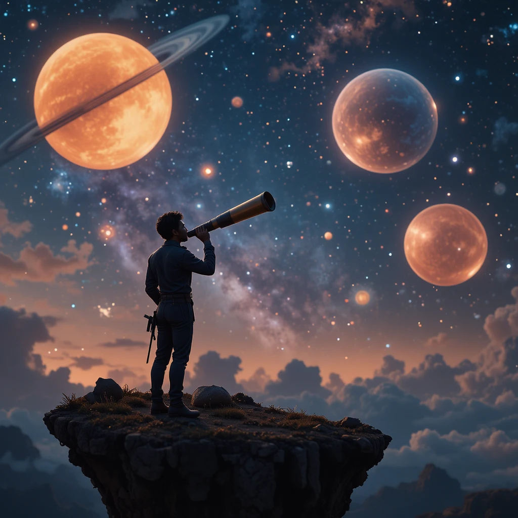 Sagoma di astronomo che osserva pianeti luminosi da un’isola fluttuante