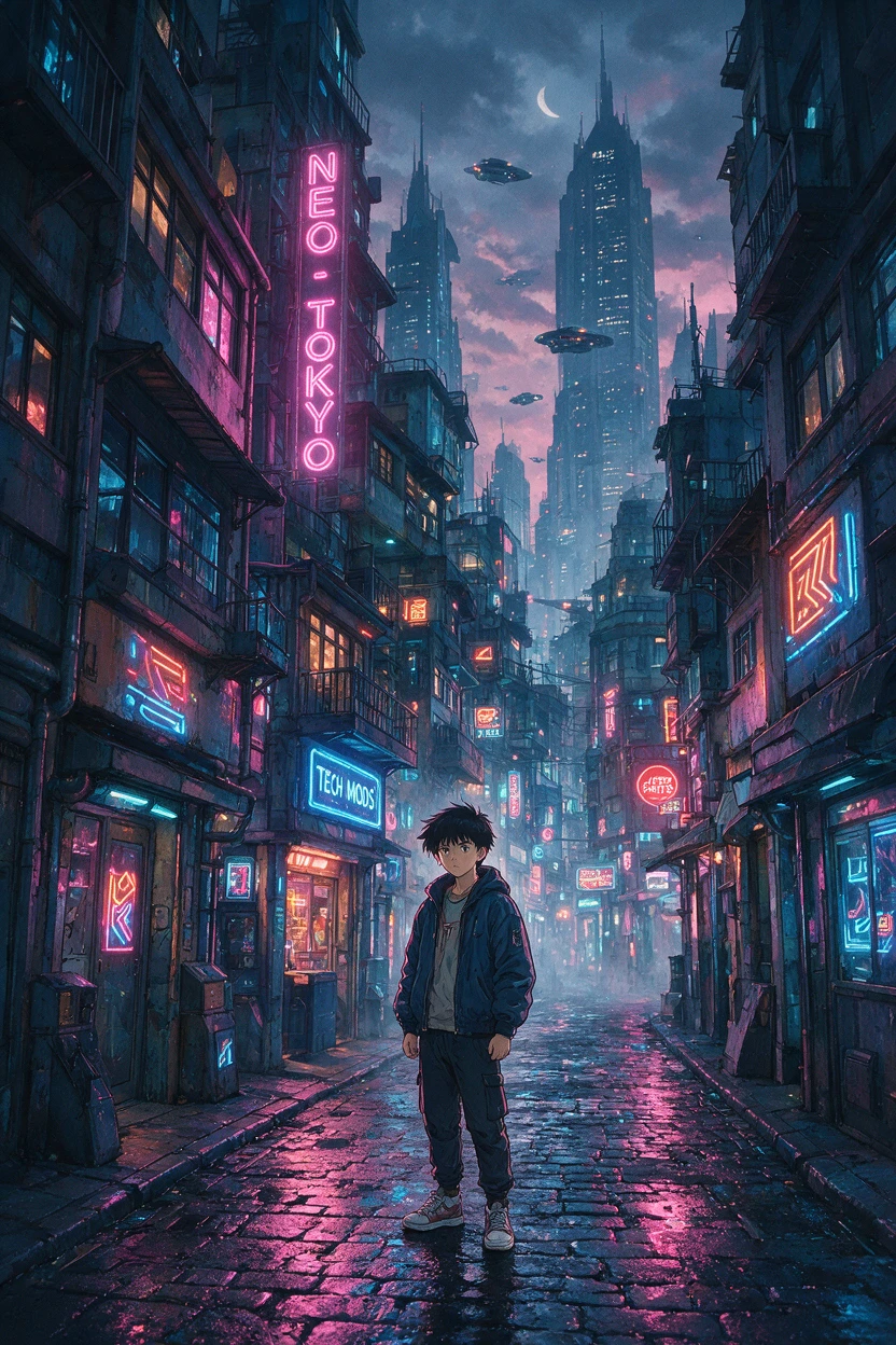 Garoto de anime em uma cidade futurista neon com energia cyberpunk