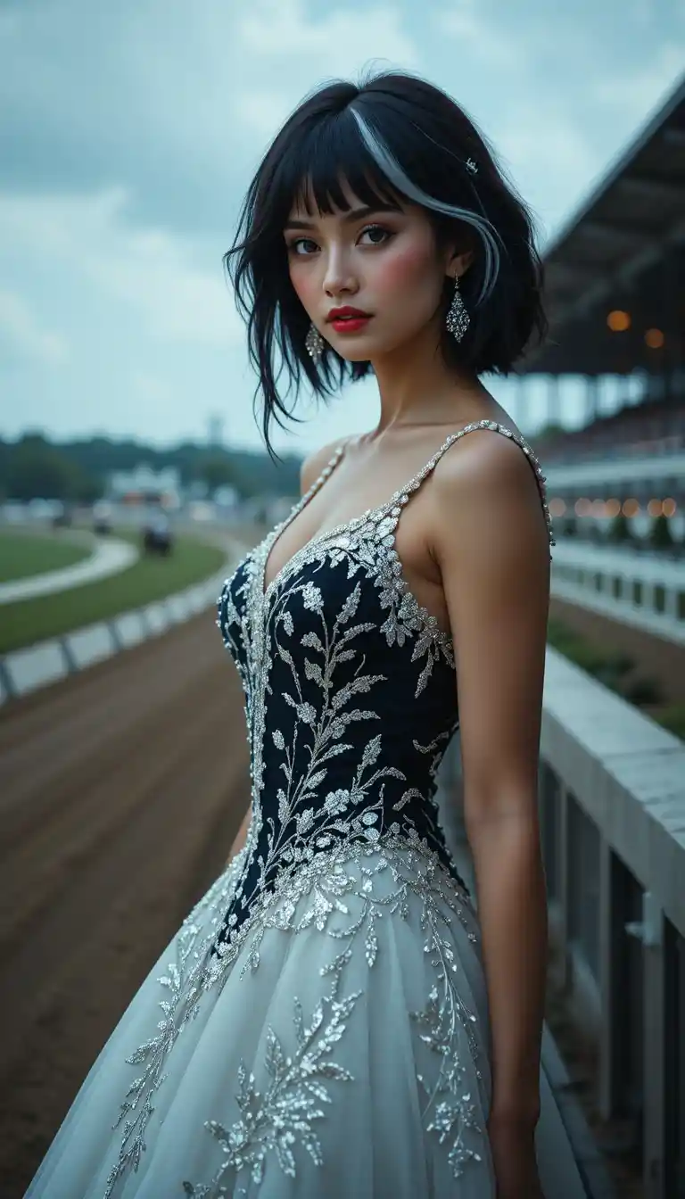 Donna elegante in abito da sera vicino alla pista di corse dei cavalli