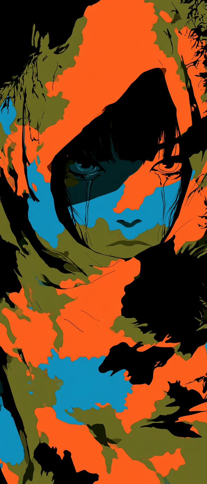 Anime silhouette hidden in bold abstract camouflage pattern