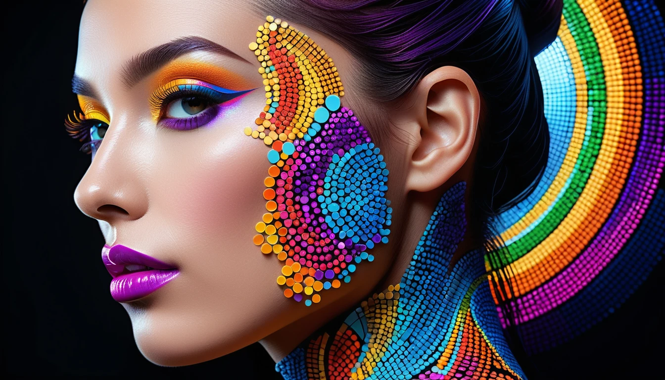 Retrato futurista de mulher em mosaico em perfil lateral vibrante
