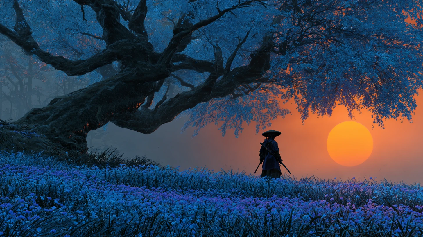 Samouraï solitaire dans une prairie bleue sous un arbre gigantesque