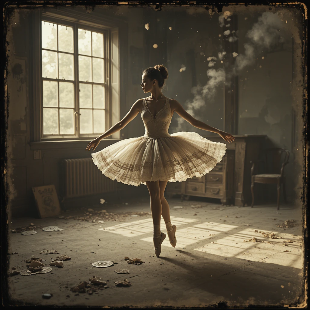 Ballerine vintage tournoyant au soleil dans un grenier